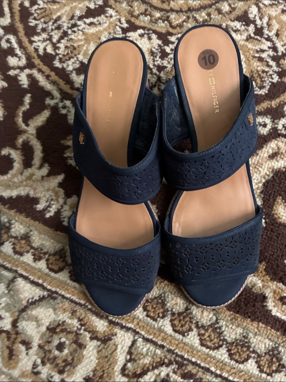 Tommy Hilfiger Navy Laser-Cut Double Band Slide Heels